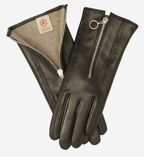 CC4243 (black) - Italian Cashmere Lined Gloves with Zippers - Leather Gloves Online - Luxury Leather Gloves - 1