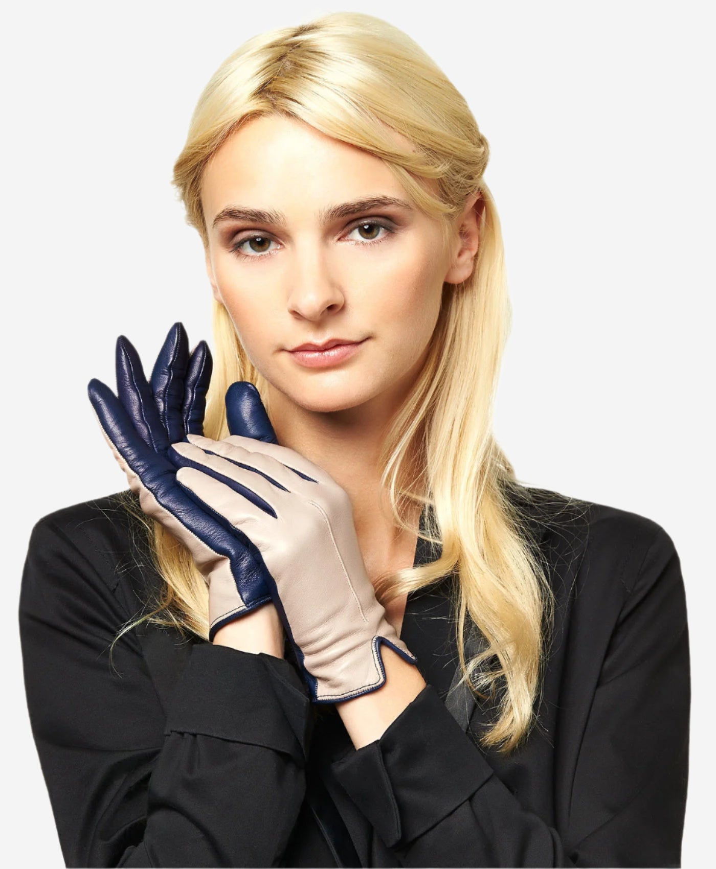CC4313 (beige/blue) - Women's Two-Tone Italian Cashmere Lined Leather Gloves - Leather Gloves Online - Luxury Leather Gloves - 3