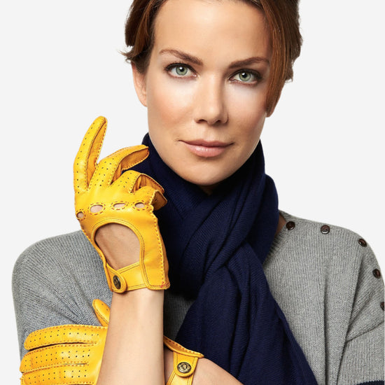 CD4266 (yellow) - Women's Italian Leather Driving Gloves with Contrast Stitching - Leather Gloves Online - Luxury Leather Gloves - 2