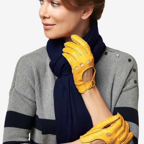 CD4266 (yellow) - Women's Italian Leather Driving Gloves with Contrast Stitching - Leather Gloves Online - Luxury Leather Gloves - 3