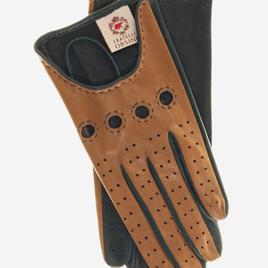 CD4363 (camel/forest) - Women's Two-tone Italian Leather Driving Gloves - Leather Gloves Online - Luxury Leather Gloves - 2