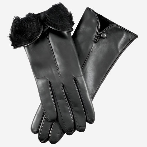 CR4302 (black) - Women's Italian Rabbit Fur Gloves with Button - Leather Gloves Online - Luxury Leather Gloves - 1