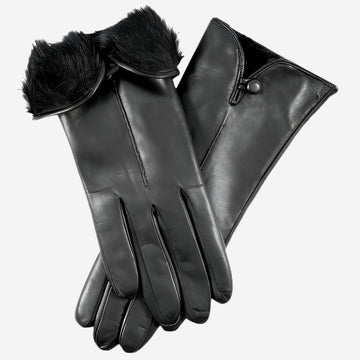 CR4302 (black) - Women's Italian Rabbit Fur Gloves with Button - Leather Gloves Online - Luxury Leather Gloves - 1