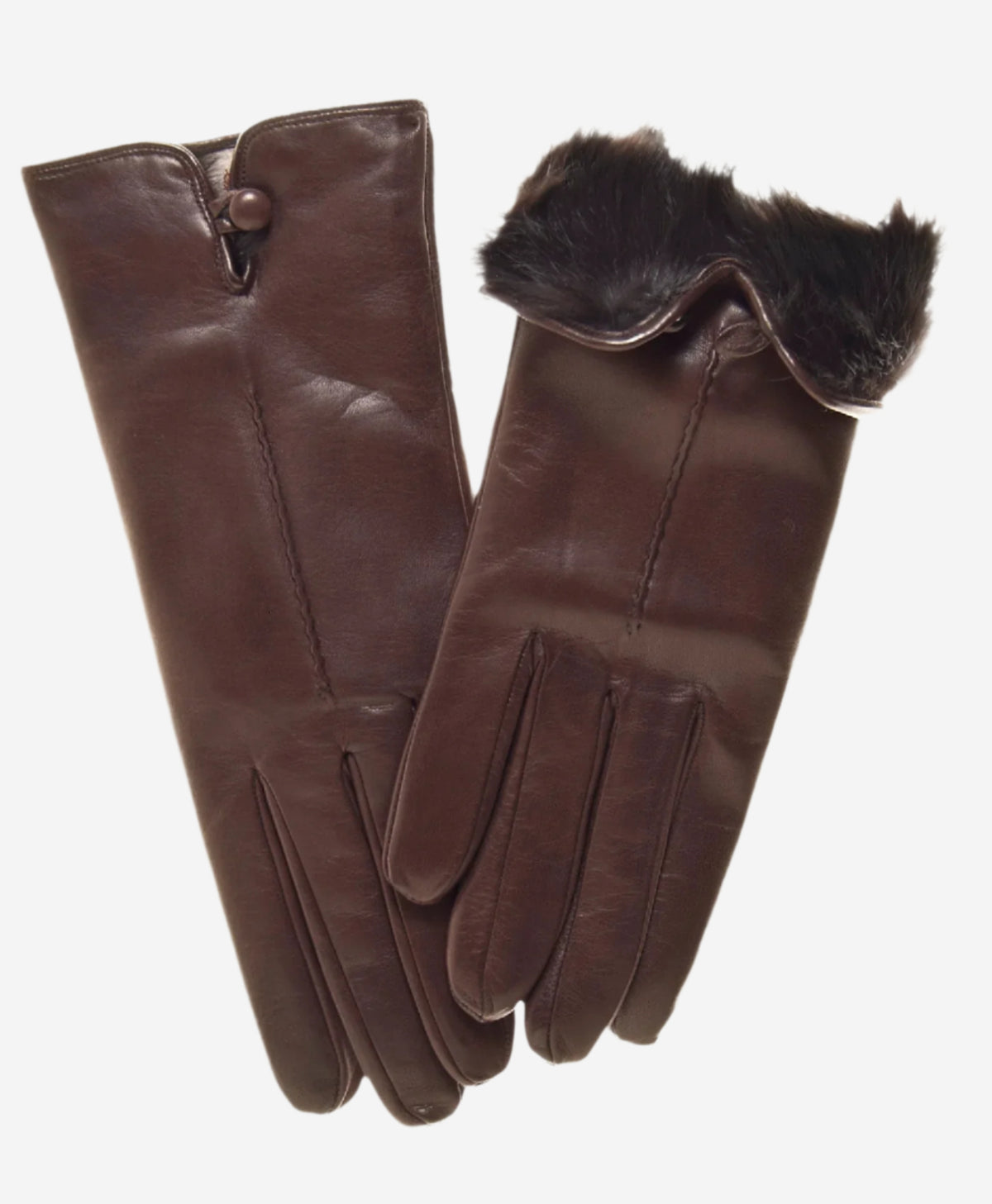 CR4302 (brown) - Women's Italian Rabbit Fur Gloves with Button - Leather Gloves Online - Luxury Leather Gloves - 1