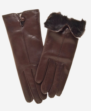 CR4302 (brown) - Women's Italian Rabbit Fur Gloves with Button - Leather Gloves Online - Luxury Leather Gloves - 1