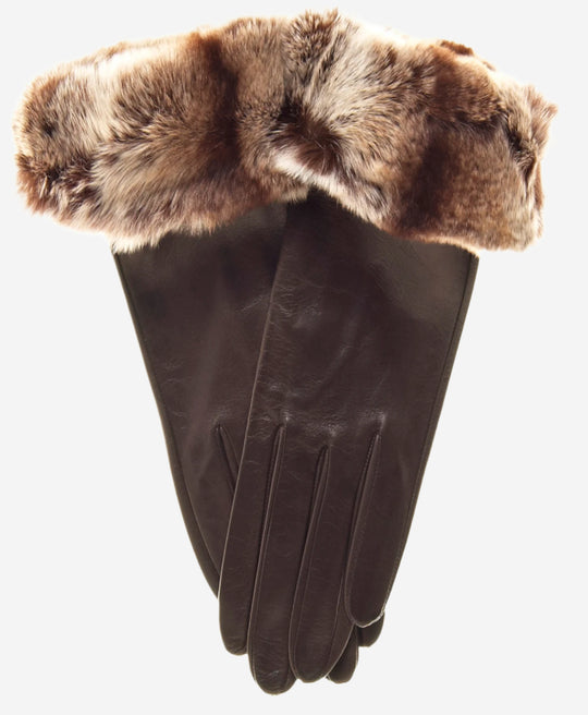 CR4405 (brown) - Women’s Italian leather winter gloves with Rex rabbit fur cuff