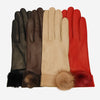CS4033 (beige) - Women's Italian Silk Lined Lambskin Leather Gloves with Mink PomPom