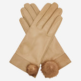 CS4033 (beige) - Women's Italian Silk Lined Lambskin Leather Gloves with Mink PomPom