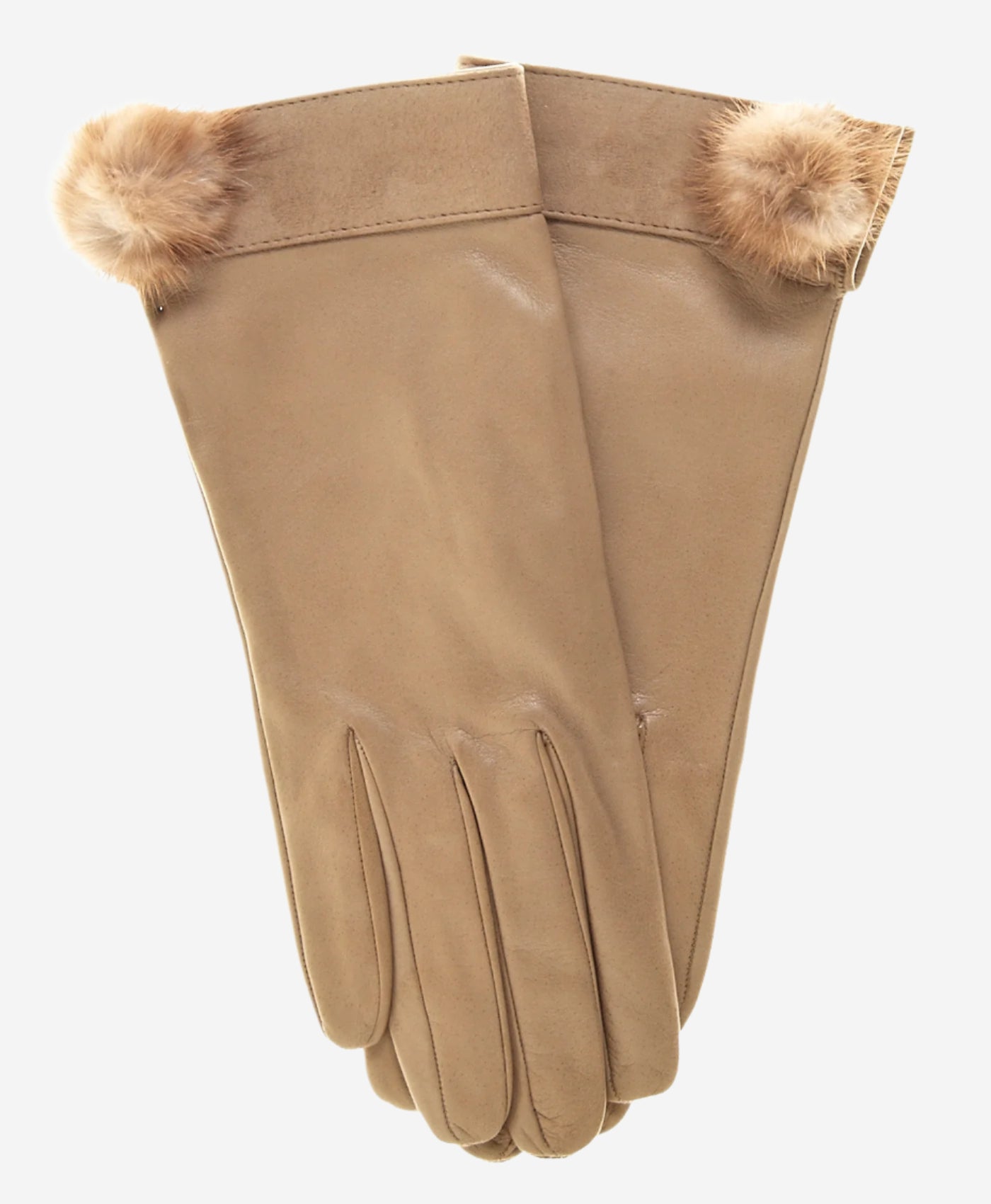 CS4033 (beige) - Women's Italian Silk Lined Lambskin Leather Gloves with Mink PomPom - Leather Gloves Online - Luxury Leather Gloves - 2