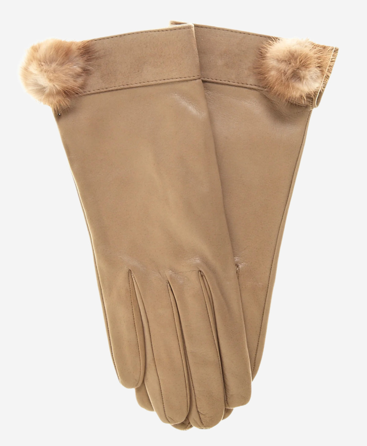 CS4033 (beige) - Women's Italian Silk Lined Lambskin Leather Gloves with Mink PomPom - Leather Gloves Online - Luxury Leather Gloves - 2
