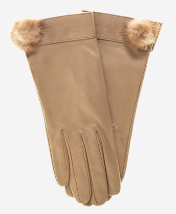 CS4033 (beige) - Women's Italian Silk Lined Lambskin Leather Gloves with Mink PomPom - Leather Gloves Online - Luxury Leather Gloves - 2