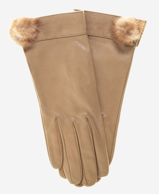 CS4033 (beige) - Women's Italian Silk Lined Lambskin Leather Gloves with Mink PomPom