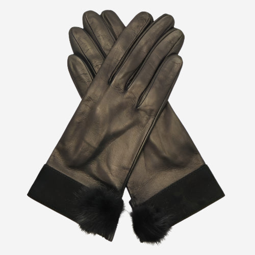 CS4033 (black) - Women's Italian Silk Lined Lambskin Leather Gloves with Mink PomPom