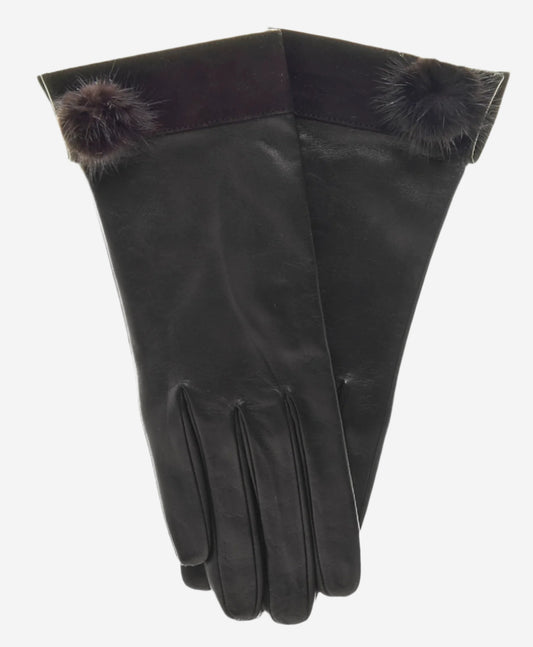 CS4033 (black) - Women's Italian Silk Lined Lambskin Leather Gloves with Mink PomPom - Leather Gloves Online - Luxury Leather Gloves - 2