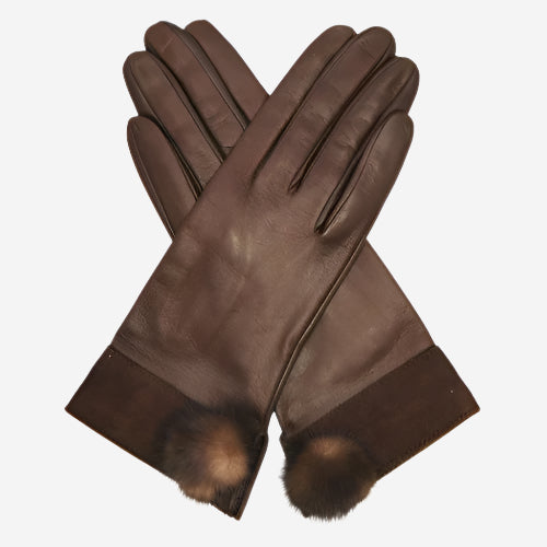 CS4033 (brown) - Women's Italian Silk Lined Lambskin Leather Gloves with Mink PomPom