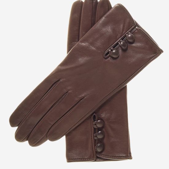 CS4070 (brown) - Women's Italian Silk Lined Lambskin Leather Gloves with Buttons - Leather Gloves Online - Luxury Leather Gloves - 1