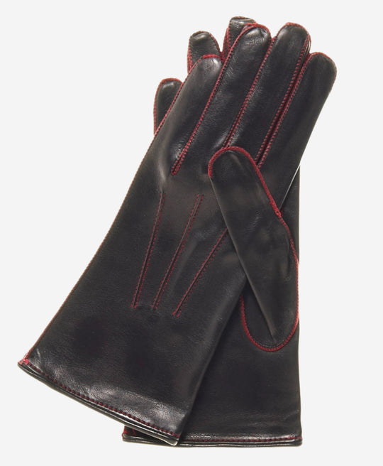CS4175 (black/red) - Women's Italian Silk Lined Leather Gloves with Contrast Decorative Stitching