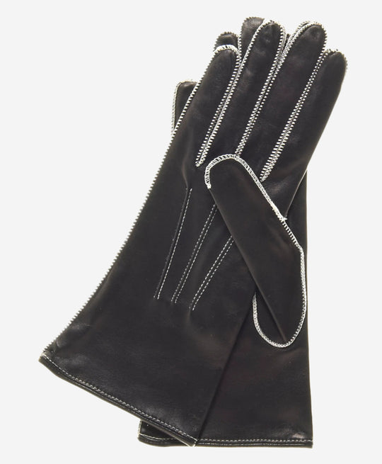 CS4175 (black/white) - Women's Italian Silk Lined Leather Gloves with Contrast Decorative Stitching