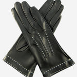 CS4204 (black) - Women's Italian Silk Lined Leather Gloves with Contrast Decorative Stitching - Leather Gloves Online - Luxury Leather Gloves - 1