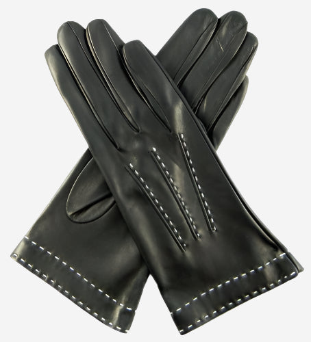 CS4204 (black) - Women's Italian Silk Lined Leather Gloves with Contrast Decorative Stitching - Leather Gloves Online - Luxury Leather Gloves - 1