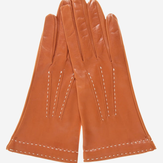 CS4204 (medium brown) - Women's Italian Silk Lined Leather Gloves with Contrast Decorative Stitching - Leather Gloves Online - Luxury Leather Gloves - 1