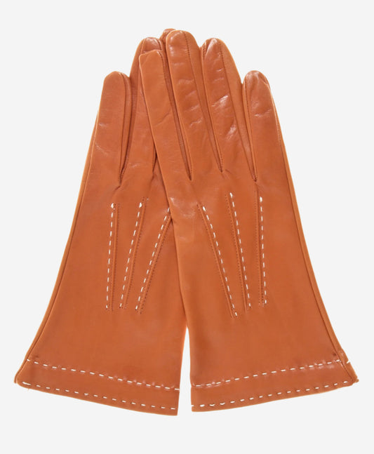 CS4204 (medium brown) - Women's Italian Silk Lined Leather Gloves with Contrast Decorative Stitching - Leather Gloves Online - Luxury Leather Gloves - 1