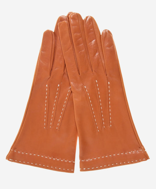 CS4204 (medium brown) - Women's Italian Silk Lined Leather Gloves with Contrast Decorative Stitching