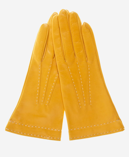 CS4204 (mustard) - Women's Italian Silk Lined Leather Gloves with Contrast Decorative Stitching