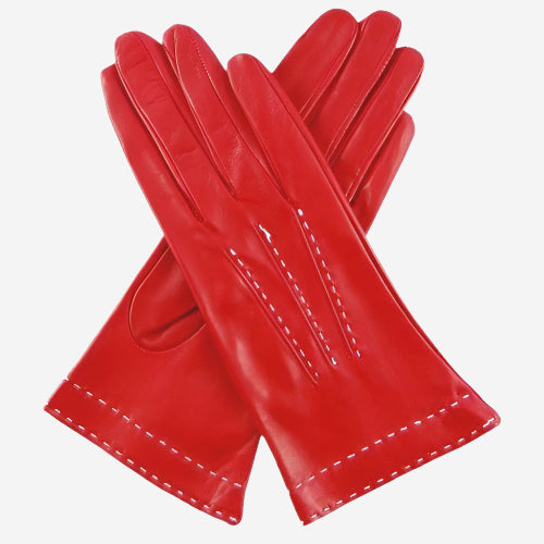CS4204 (red) - Women's Italian Silk Lined Leather Gloves with Contrast Decorative Stitching - Leather Gloves Online - Luxury Leather Gloves - 1