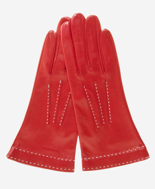 CS4204 (red) - Women's Italian Silk Lined Leather Gloves with Contrast Decorative Stitching