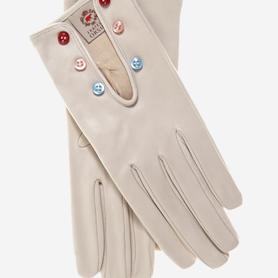 CS4312 (cream) - Women's Italian Silk Lined Gloves with Buttons - Leather Gloves Online - Luxury Leather Gloves - 1