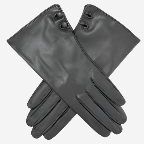 CS4345 (black) - Women's Italian Silk Lined Leather Gloves with 2 Buttons - Leather Gloves Online - Luxury Leather Gloves - 1