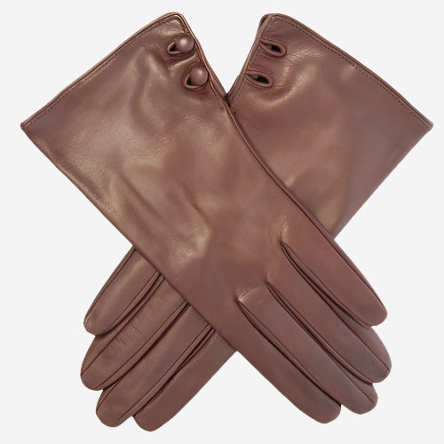 CS4345 (brown) - Women's Italian Silk Lined Leather Gloves with 2 Buttons - Leather Gloves Online - Luxury Leather Gloves - 1