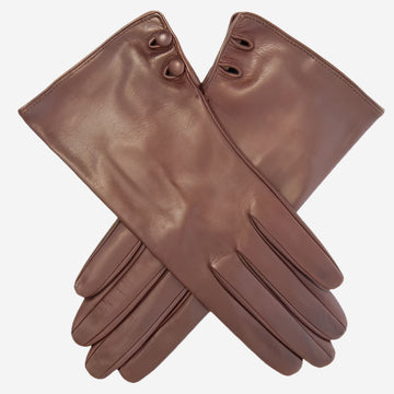 CS4345 (brown) - Women's Italian Silk Lined Leather Gloves with 2 Buttons - Leather Gloves Online - Luxury Leather Gloves - 1