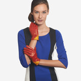CS4414 (red/yellow) - Women's Italian Color Blocking Silk Lined Leather Gloves