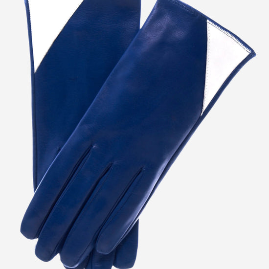 CS4414 (blue/cream) - Women's Italian Color Blocking Silk Lined Leather Gloves - Leather Gloves Online - Luxury Leather Gloves - 1