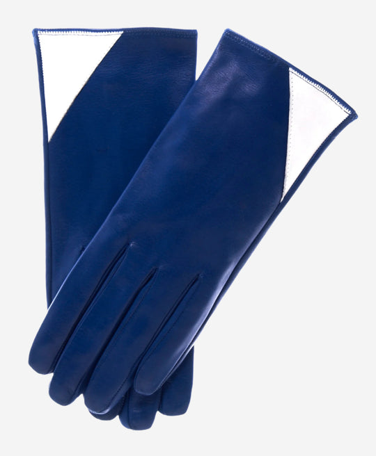 CS4414 (blue/cream) - Women's Italian Color Blocking Silk Lined Leather Gloves