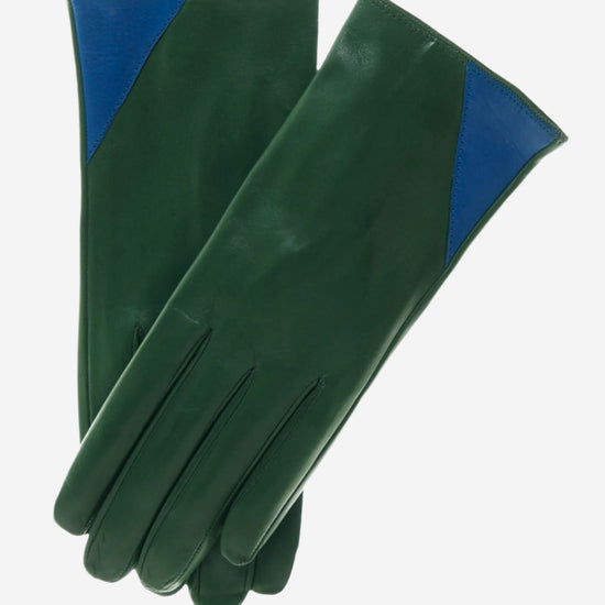 CS4414 (green/blue) - Women's Italian Color Blocking Silk Lined Leather Gloves - Leather Gloves Online - Luxury Leather Gloves - 1