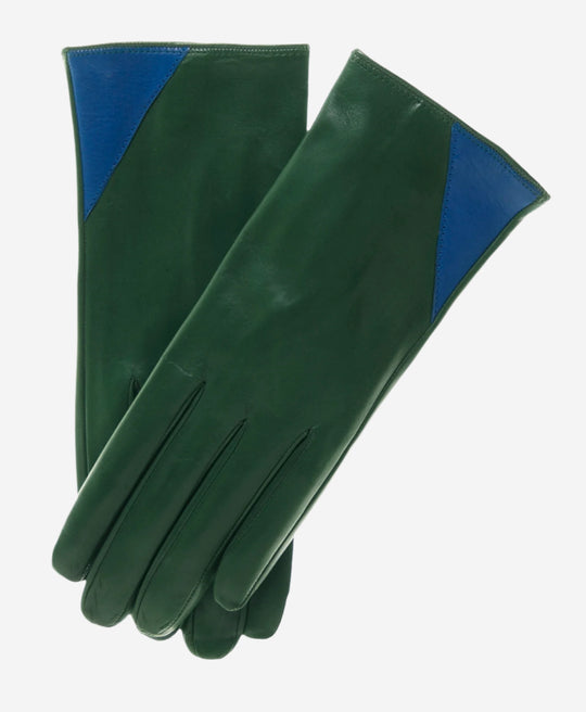CS4414 (green/blue) - Women's Italian Color Blocking Silk Lined Leather Gloves