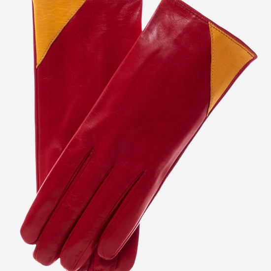 CS4414 (red/yellow) - Women's Italian Color Blocking Silk Lined Leather Gloves - Leather Gloves Online - Luxury Leather Gloves - 1