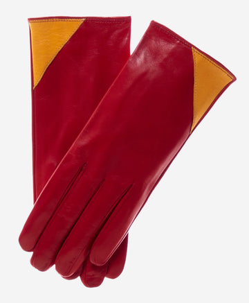 CS4414 (red/yellow) - Women's Italian Color Blocking Silk Lined Leather Gloves - Leather Gloves Online - Luxury Leather Gloves - 1