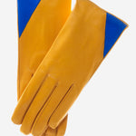 CS4414 (yellow/blue) - Women's Italian Color Blocking Silk Lined Leather Gloves - Leather Gloves Online - Luxury Leather Gloves - 1