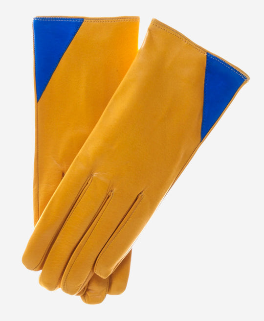 CS4414 (yellow/blue) - Women's Italian Color Blocking Silk Lined Leather Gloves