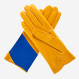 CS4416 (yellow/blue) - Women's Italian Color Block Silk Lined Leather Gloves