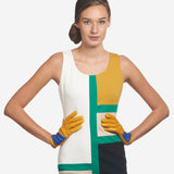 CS4416 (yellow/blue) - Women's Italian Color Block Silk Lined Leather Gloves