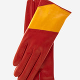 CS4416 (red/yellow) - Women's Italian Color Block Silk Lined Leather Gloves - Leather Gloves Online - Luxury Leather Gloves - 1