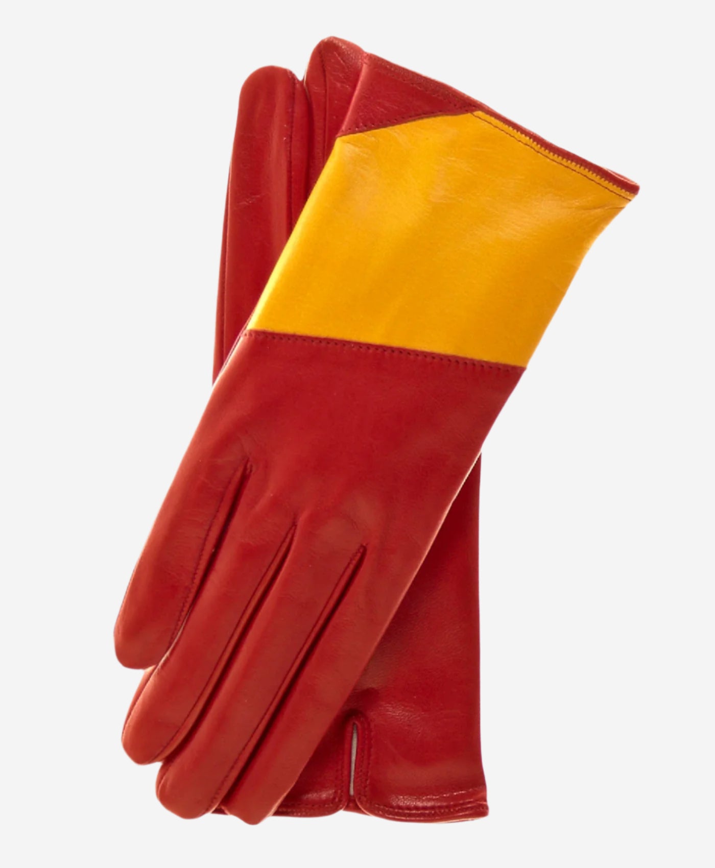 CS4416 (red/yellow) - Women's Italian Color Block Silk Lined Leather Gloves - Leather Gloves Online - Luxury Leather Gloves - 1