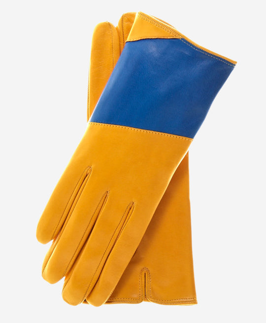 CS4416 (yellow/blue) - Women's Italian Color Block Silk Lined Leather Gloves