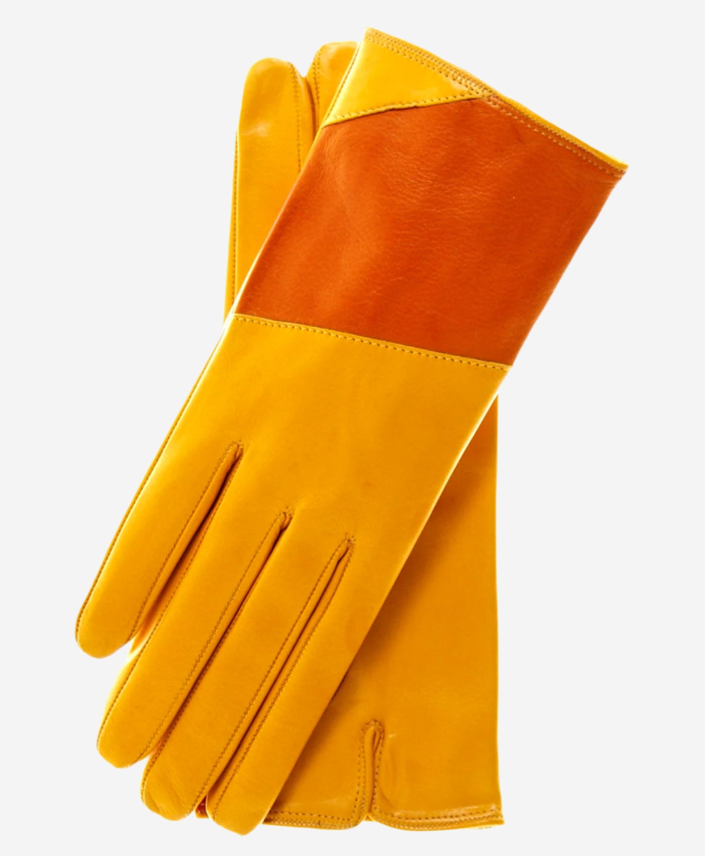 CS4416 (yellow/tang) - Women's Italian Color Block Silk Lined Leather Gloves- Leather Gloves Online - Luxury Leather Gloves - 1