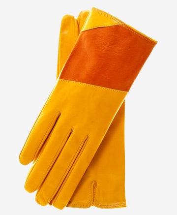CS4416 (yellow/tang) - Women's Italian Color Block Silk Lined Leather Gloves- Leather Gloves Online - Luxury Leather Gloves - 1